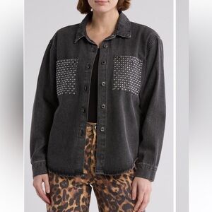 Flying Angel Rhinestone Studded Black Denim Button Up Jacket